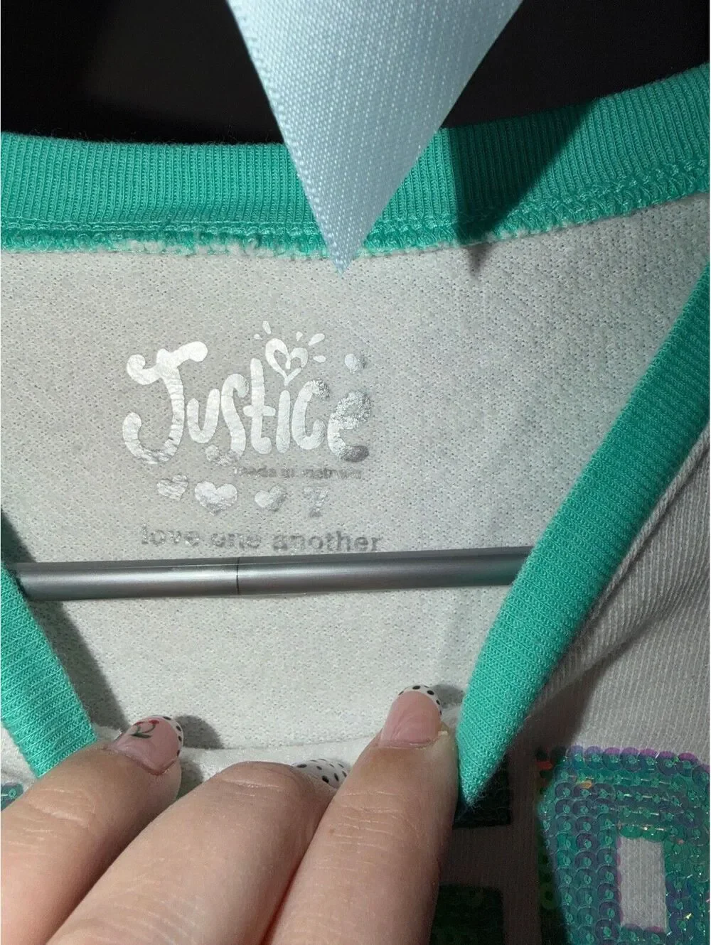 Girls Size 7 Turquoise & White Sequin Long Sleeve Top by Justice